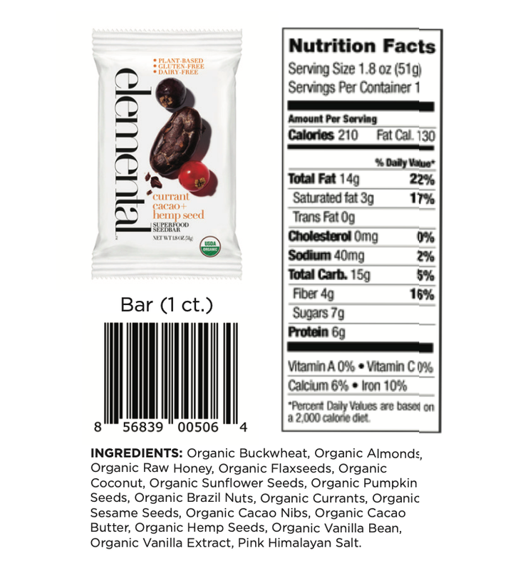 Elemental Superfood Bars | Currant Cacao + Hemp Seed