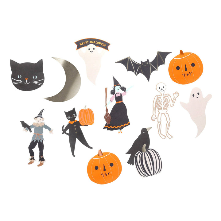 Collection of Halloween-themed illustrations including pumpkins, ghosts, cats, and a witch on a white background.