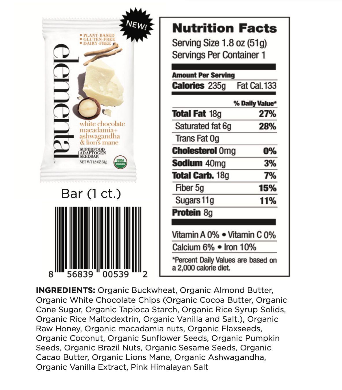 Elemental Superfood Bars - White Chocolate Macadamia + Ashwagandha & Lion's Mane