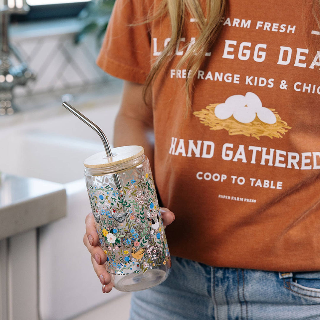 Chickens  & Flowers Glass Can