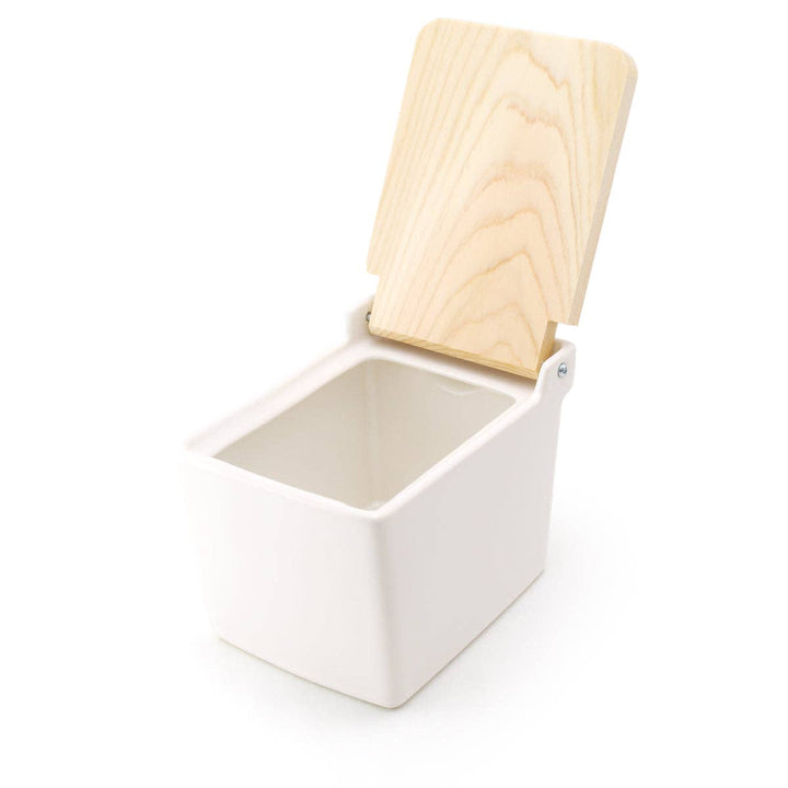 Bee House Ceramic Salt Box With Wooden Lid - White