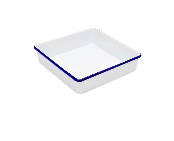 Vintage Enamelware Square Brownie Pan: Blue Rim
