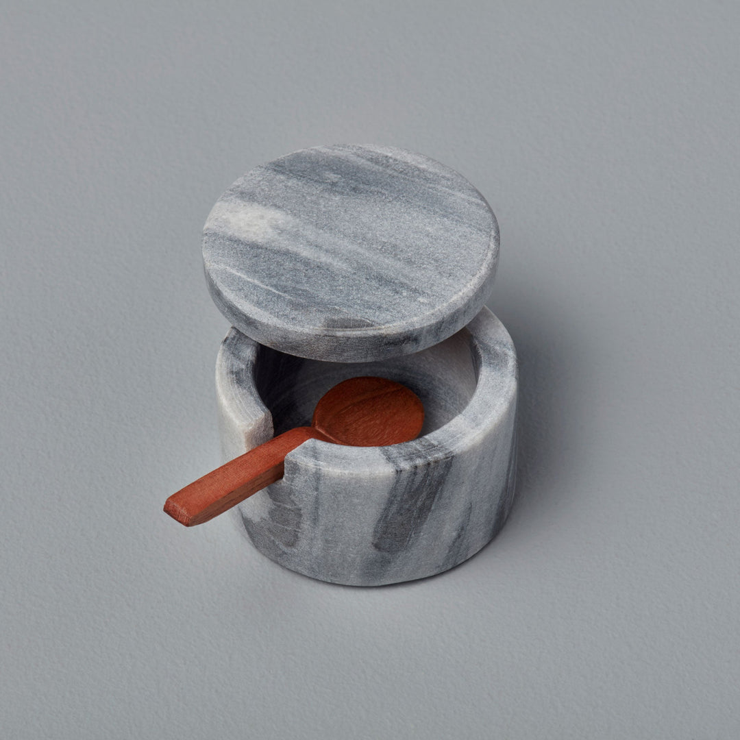 Gray Marble Lidded Cellar with Wood Spoon