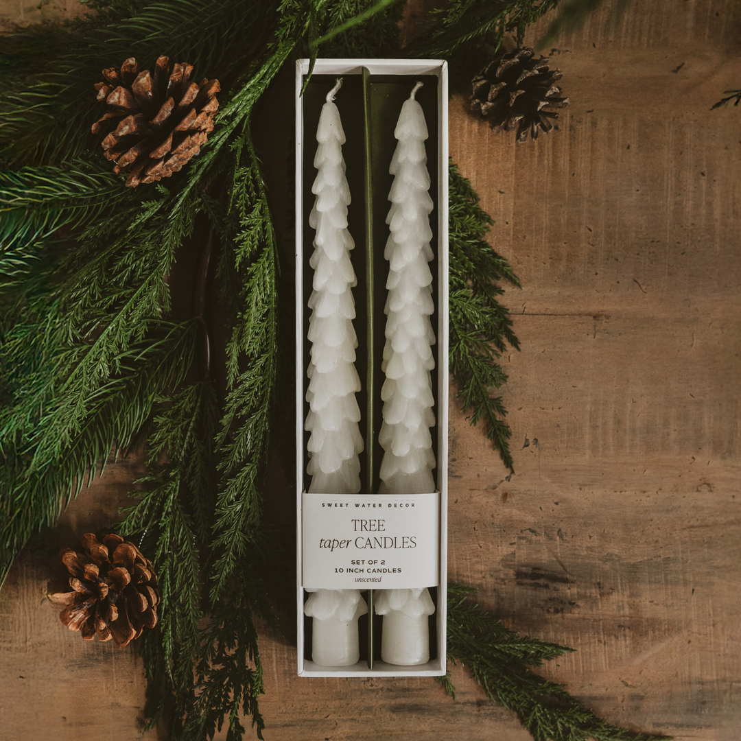 Cream Tree Taper Candles, Set of 2 - Christmas Decor