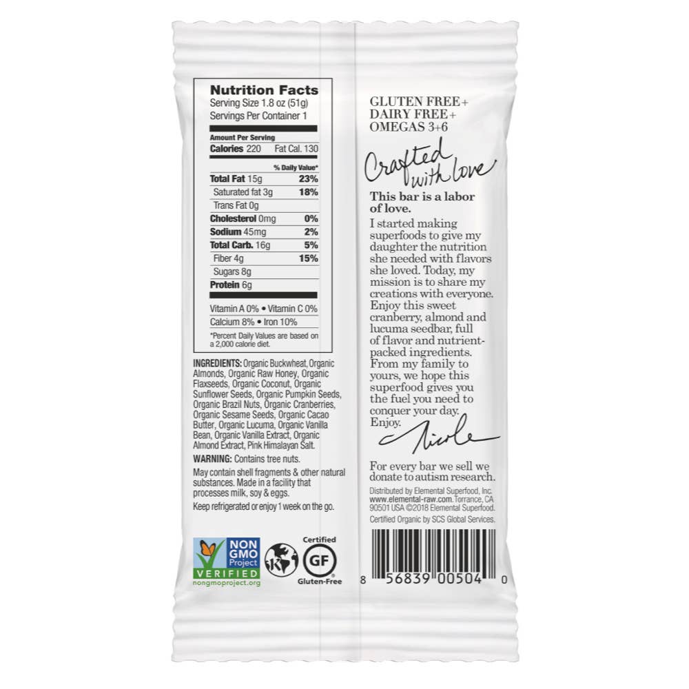 Elemental Superfood Bars - Cranberry Almond + Lucuma