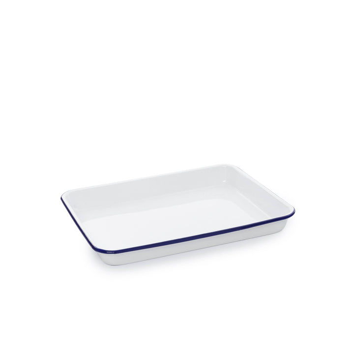 Vintage Enamelware Small Rectangle Tray: Blue Rim